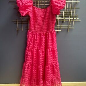 Hot pink puff sleeve tiered sheer overlay midi maxi  dress